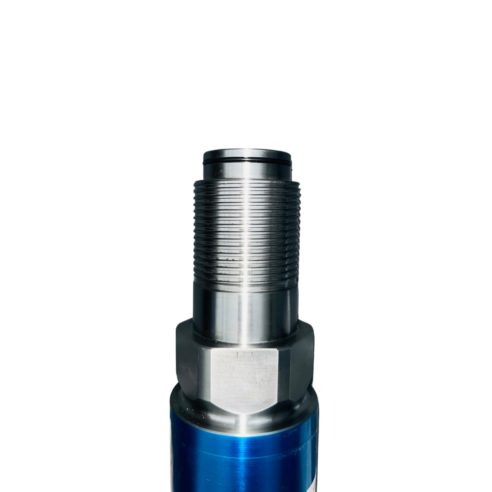 A close up of the bottom part of a blue and silver bottle