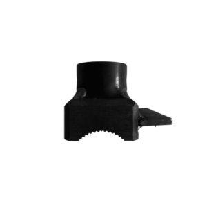 A black plastic clip on top of a white background.