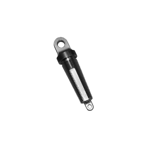 A black and silver picture of a car shock absorber.