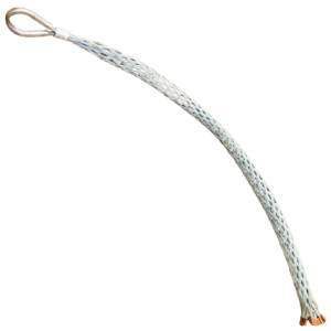 A white rope with a metal ring on top of it.