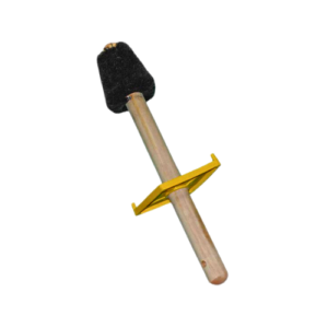 A wooden stick with a yellow handle and black rubber grip.