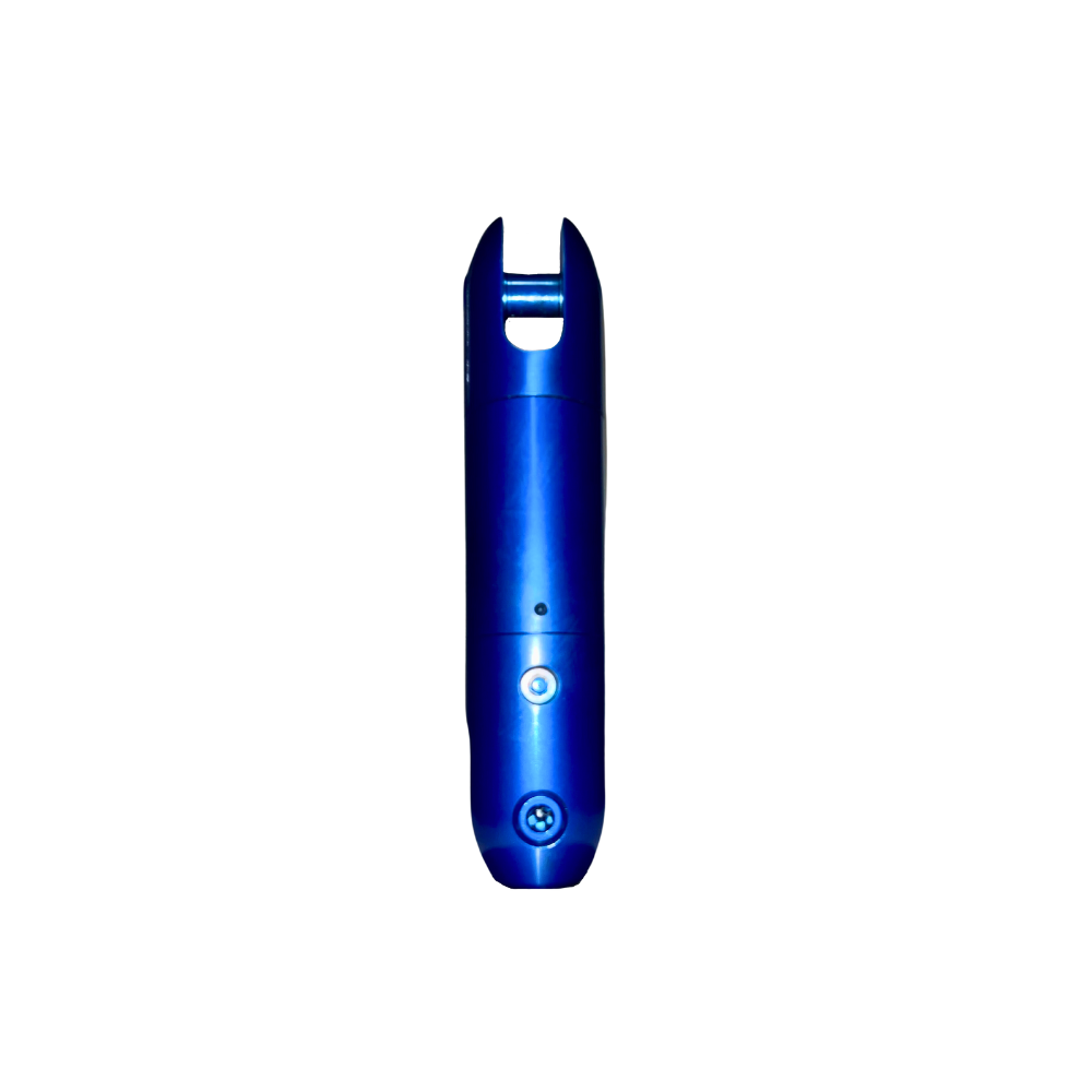 A blue plastic object is shown with no background.