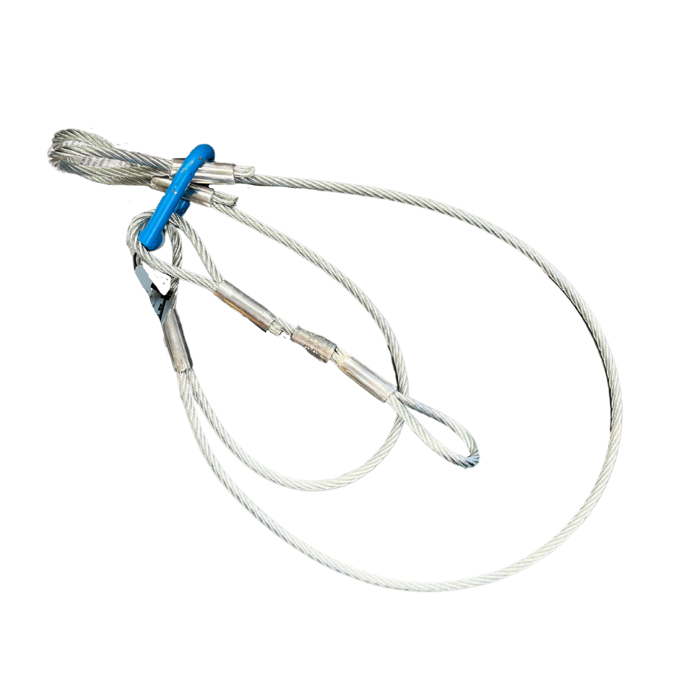 A pair of white and blue cords hanging from the side.