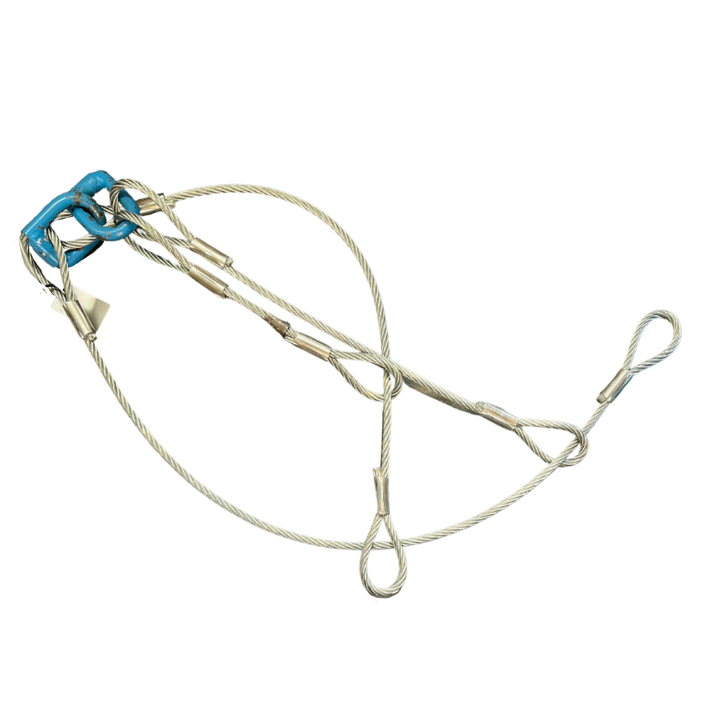 A blue and white harness with two hooks attached to it.