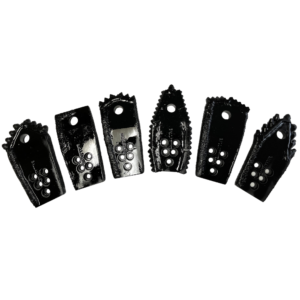 A set of six black plastic handles with holes.