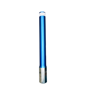 A blue tube with a metal cap on top of it.