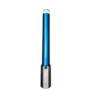 A blue and silver tube with a white top.