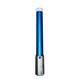 A blue and silver pen with a white tip.