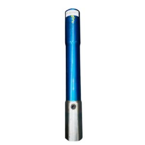 A blue and silver pen with a black dot on it.