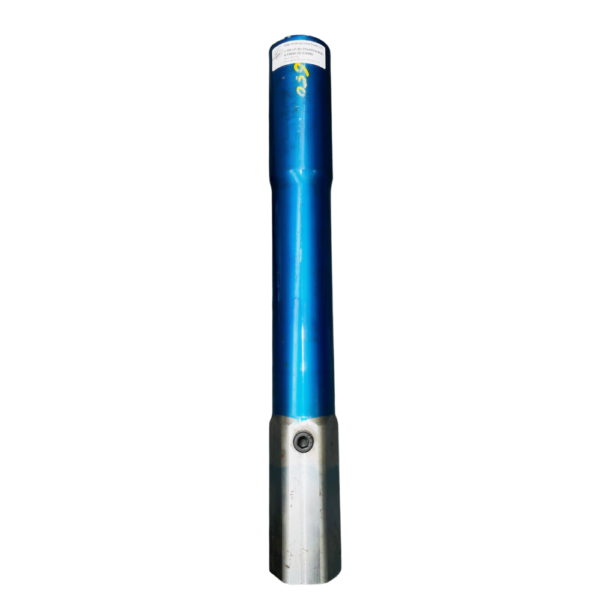 A blue and silver pen with a black dot on it.