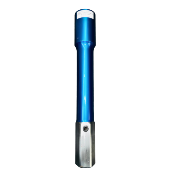 A blue and silver flashlight is shown.