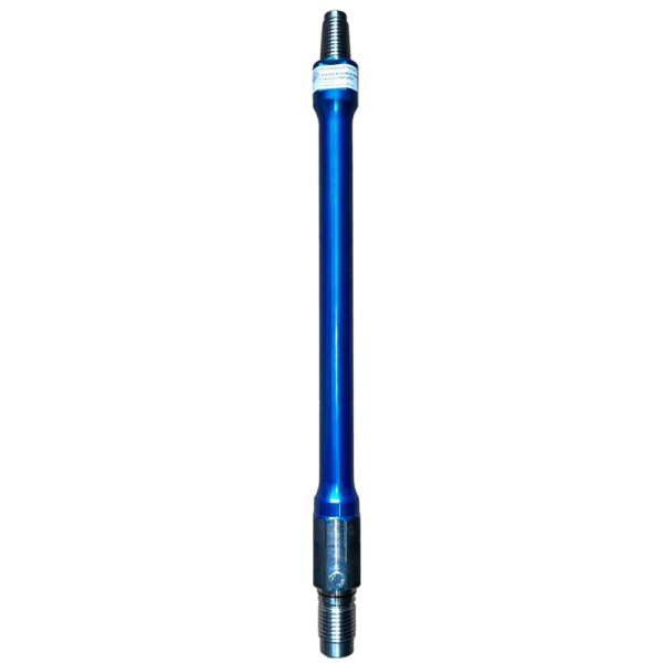 A blue pole with two metal ends.