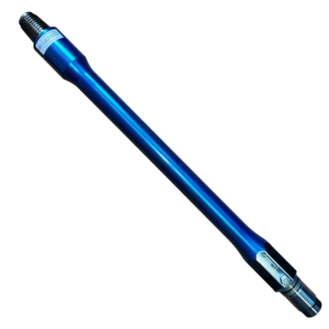 A blue pencil with a black tip.