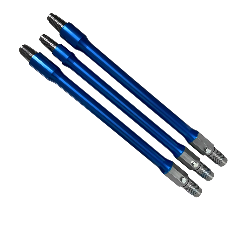 A set of three blue metal pencils with silver tips.