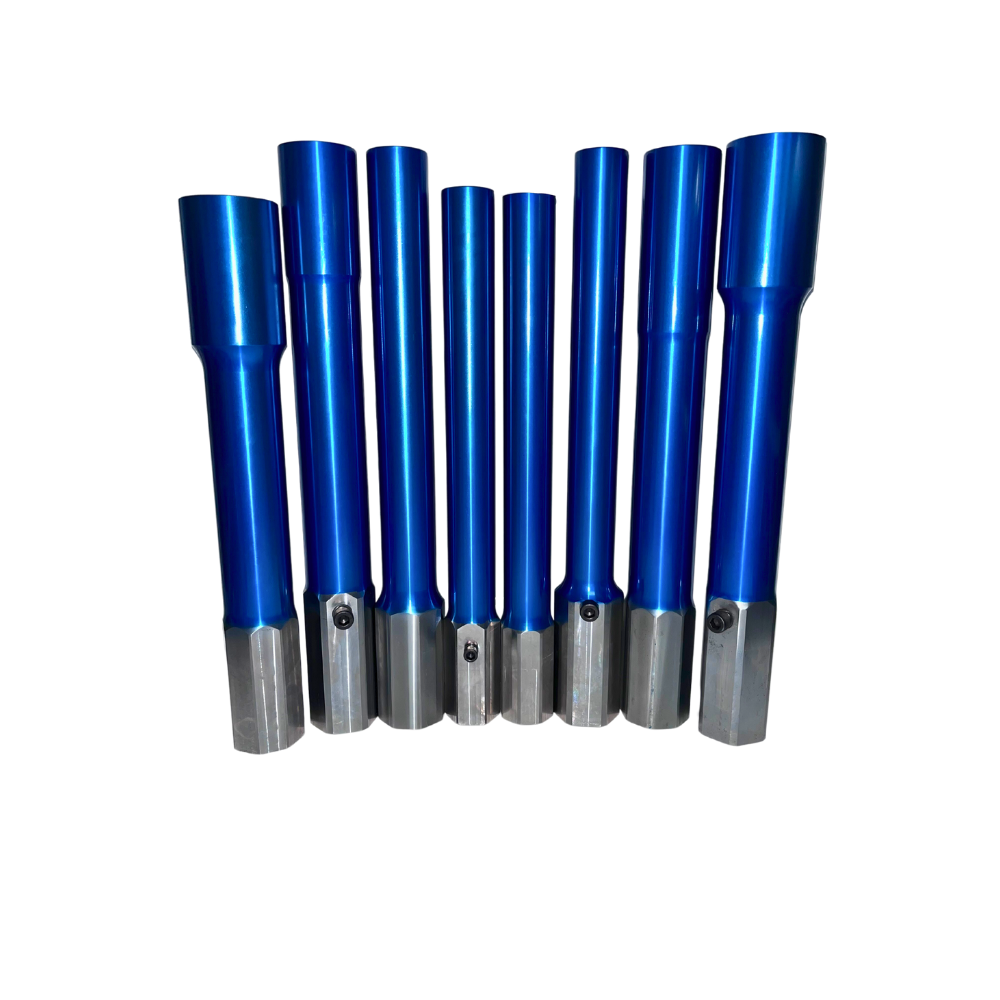 A group of blue and silver metal pipes.