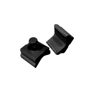 A pair of black plastic clips for a camera.