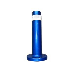 A blue and white pole on top of a base.