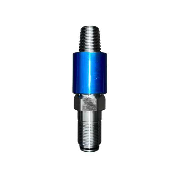 A blue and silver colored air valve.