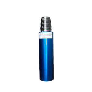 A blue cylinder with a white stripe on it.