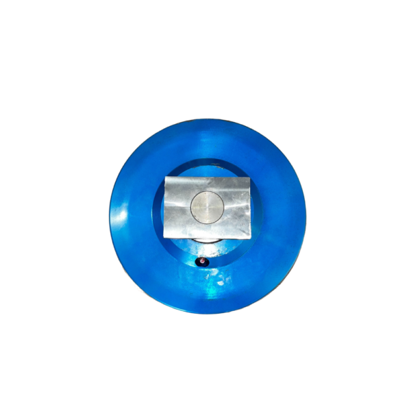 A blue button with a silver metal clip on it.