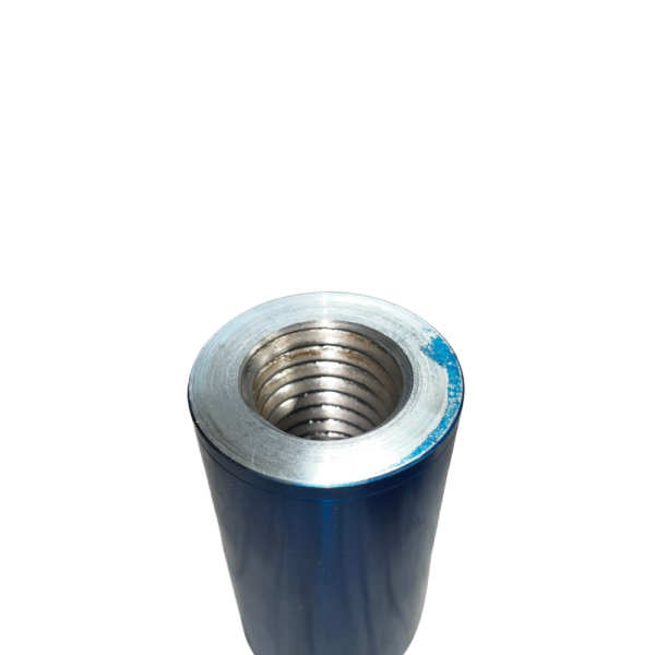 A blue metal tube with a threaded end.