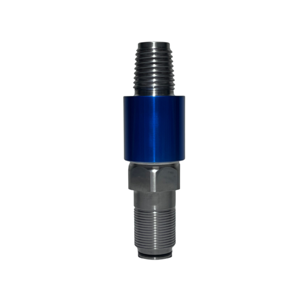 A blue and silver nozzle is sitting on top of the floor.