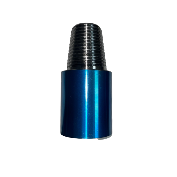 A blue metal tube with a black thread.