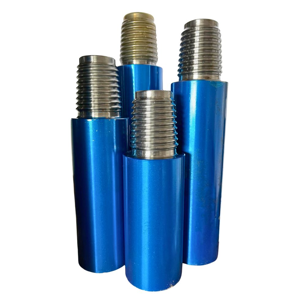 A group of four blue metal tubes with one holding the top.