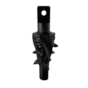 A black drill bit with spikes on it.