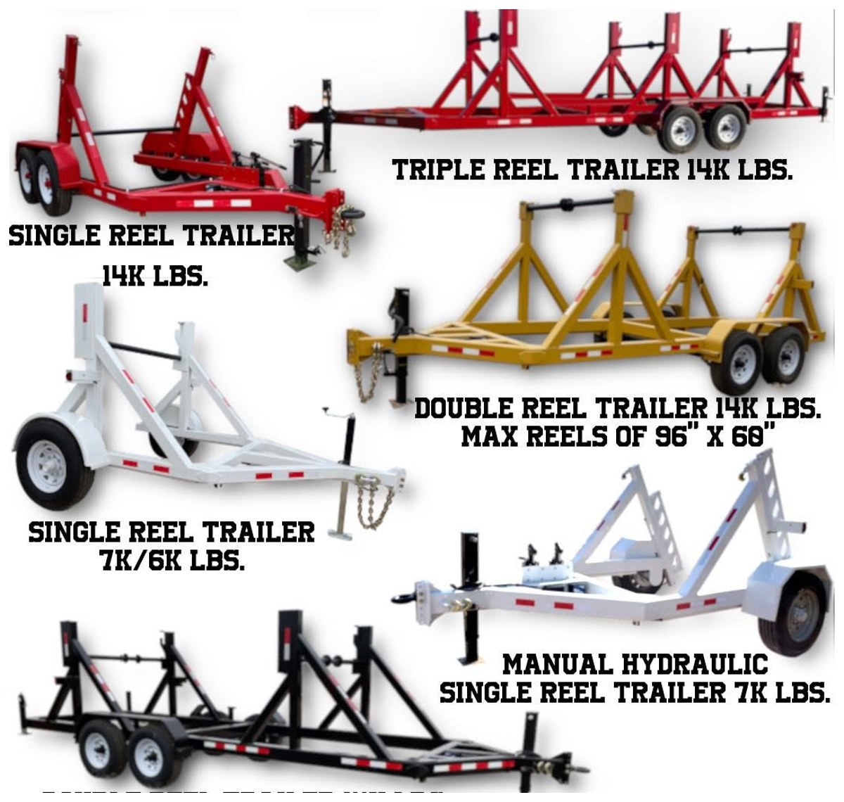 Reel trailer style guide with single, double, triple, and hydraulic reel trailers