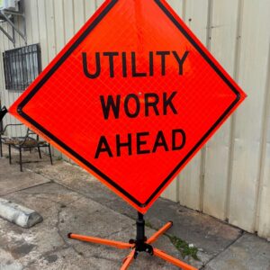 Utility Work Ahead roll-up warning sign with portable stand